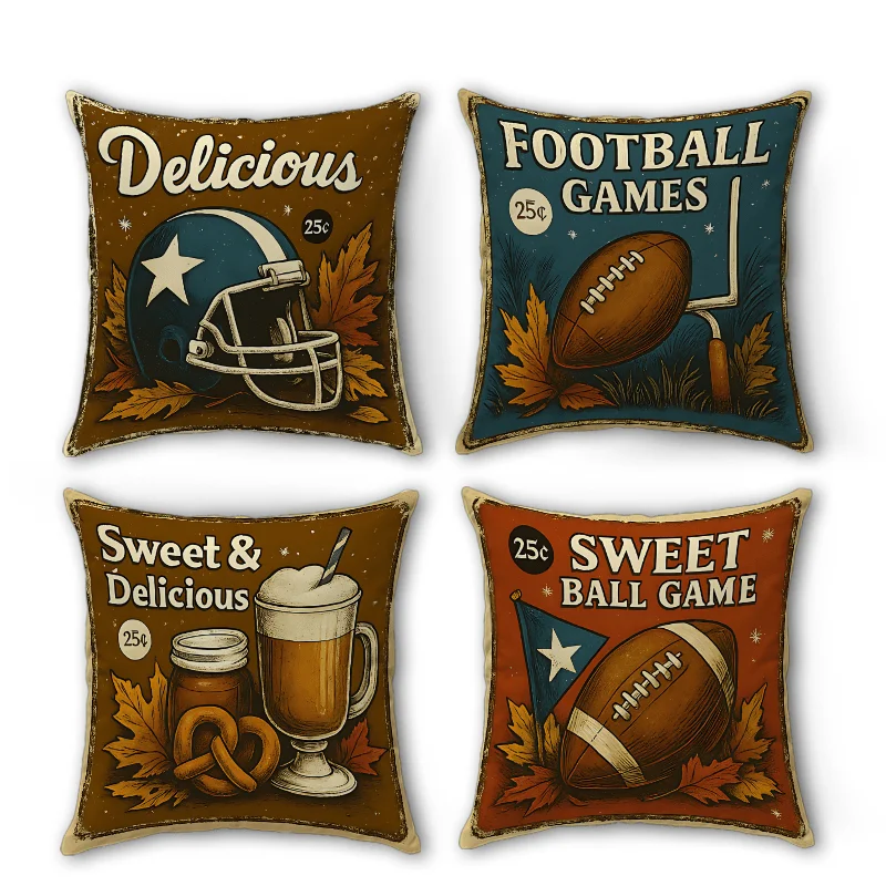 4pcs Retro Rugby Food Theme digital printing pillow cover Short plush Suitable living rooms bedrooms sofas throw cushion cover