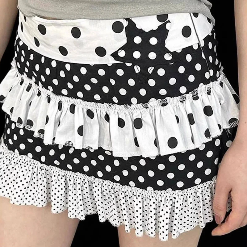 

Новая летняя черно-белая юбка А-силуэта с кружевом в горошек, многослойными оборками и аппликацией в виде звезд, коллекция 2026 года