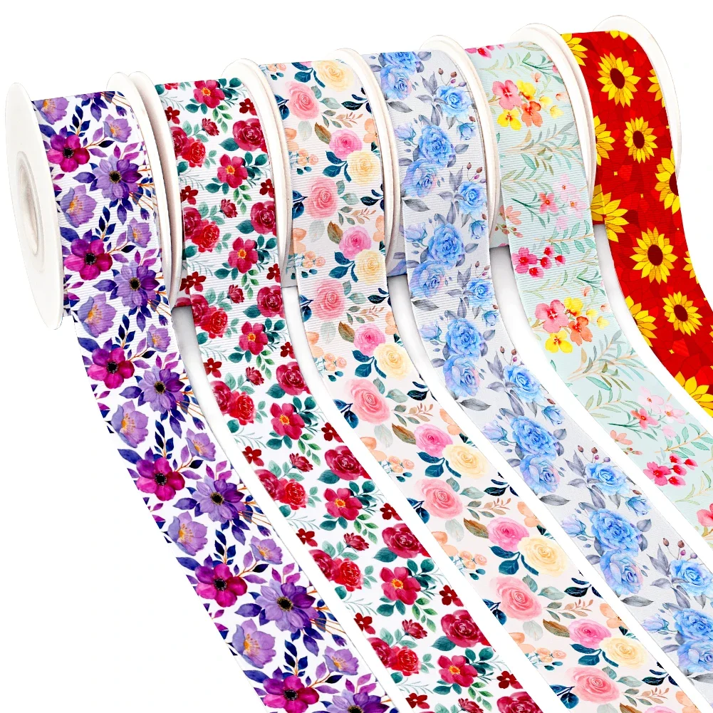 

Flowers Daisies Floral Pattern Printed Grosgrain/Satin Ribbon Sunflowers Printed Ribbon DIY Hair Bows Crafting Sewing 10 Yards
