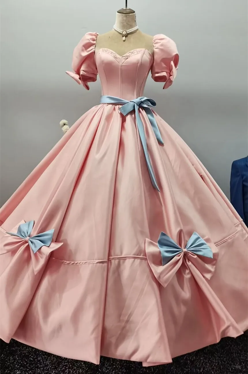 CloverBridal-vestidos de satén para niñas, ropa de novia con escote cuadrado, mangas cortas abullonadas, lazos, color rosa, de 15 años, 2022, WQ9771