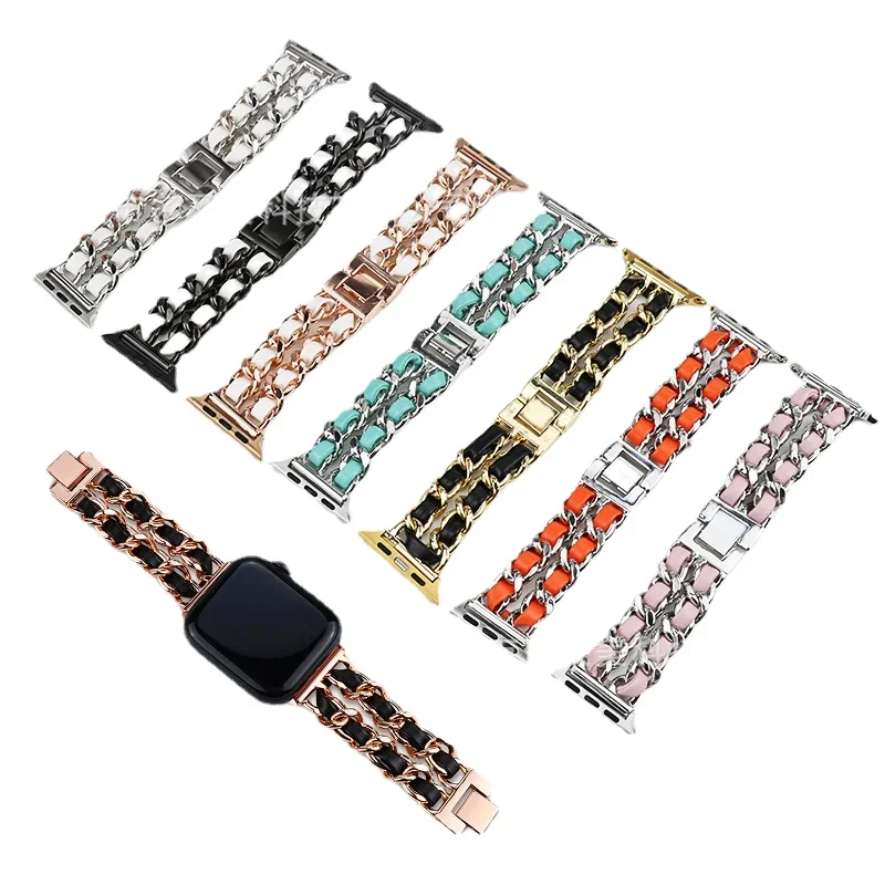 Watchbands Applicable To Apple Strap Small Incense Wind Apple Watch8 Strap Leather Metal Denim Chain Female Creative Personality