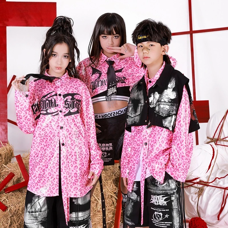 Girls Pink Leopard Street Dance Clothes Short Shirts Black Shorts Catwalk Concert Performance Costume Group Fashion Clothing Set