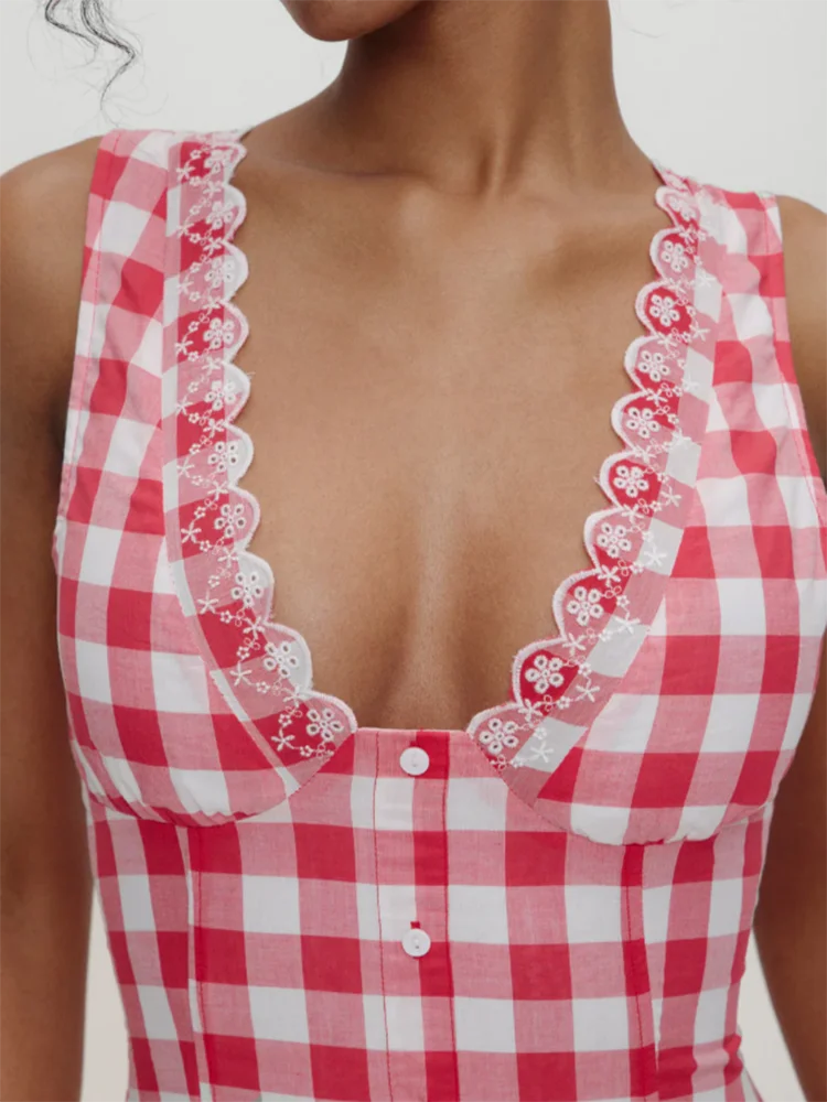 Style français Plaid vérifier Mini robe dentelle femmes été rose 100% coton col en v Sexy fête Vocation décontracté dames robe robes