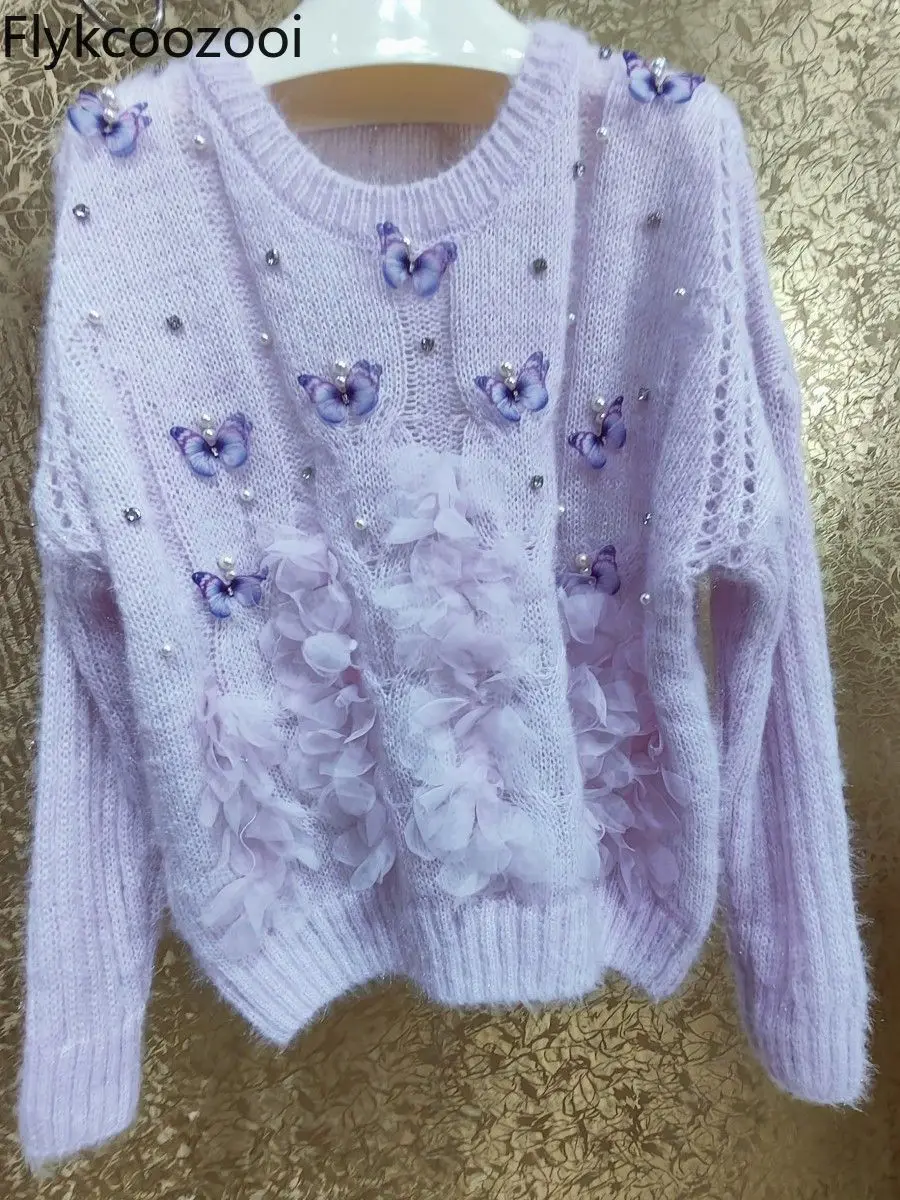 Heavy Pearl Butterfly Covered with Large Rhinestones Pearl Three-dimensional Flower Petals Sweater Casacos De Inverno Feminino