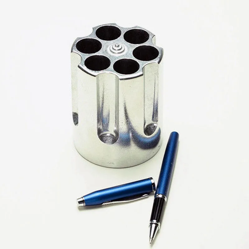 1PC Cylinder Pen/Pencil Container Aluminum  6-hole Revolver Pen  Metal Holder Gift New