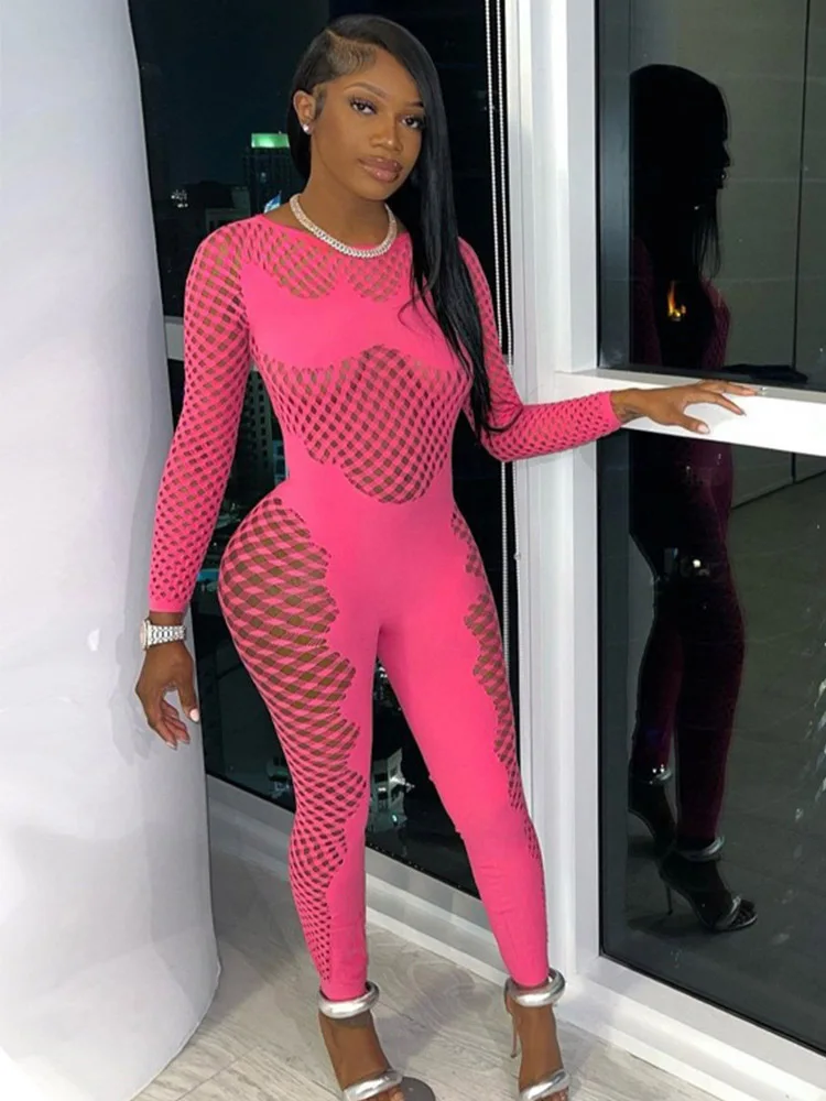 FHSEER Women's Plus Size Sexy Jumpsuit Fishnet Hollow Out Bodycon Long Sleeve Stretchy Jumpsuit Sexy Club Party Outfit image 2