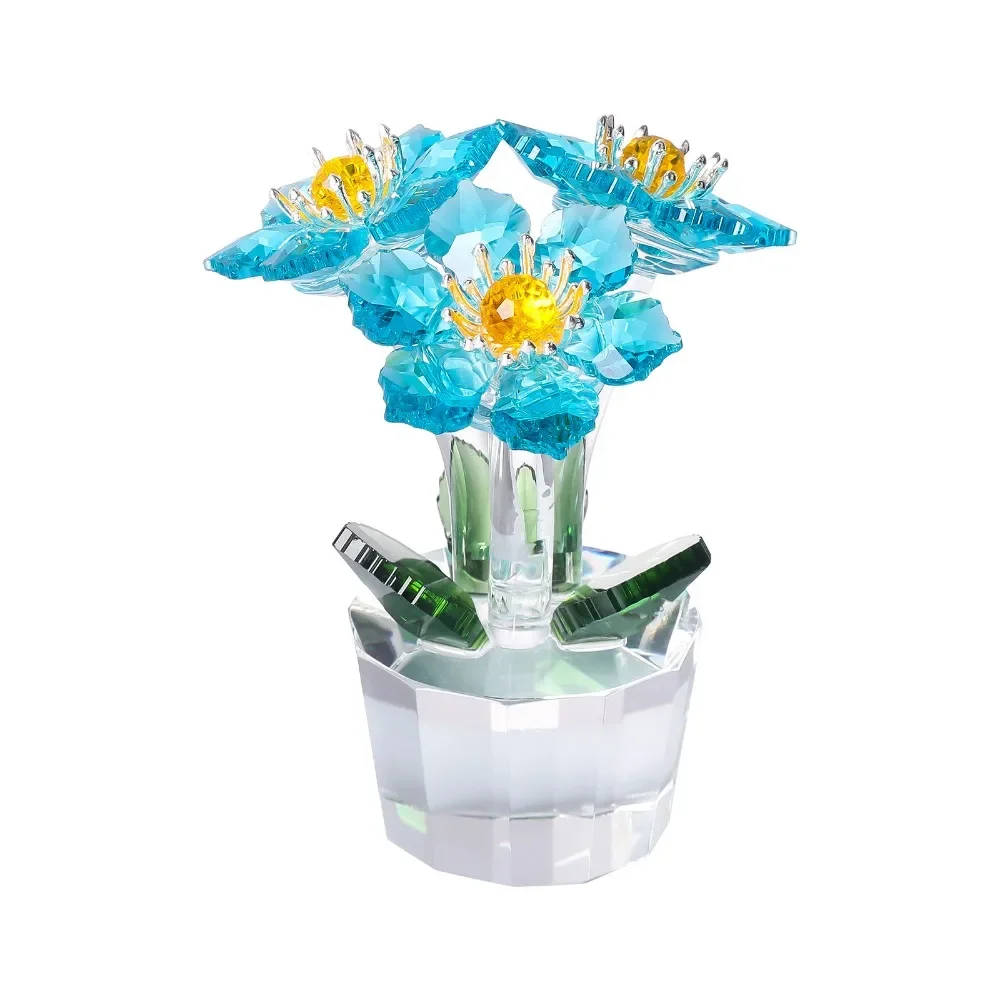 Handcraft Crystal Flower Statue Ornament Rose Tulip Artificial Figurine Flower Shiny Clear Base Tabletop Plants Suncatcher