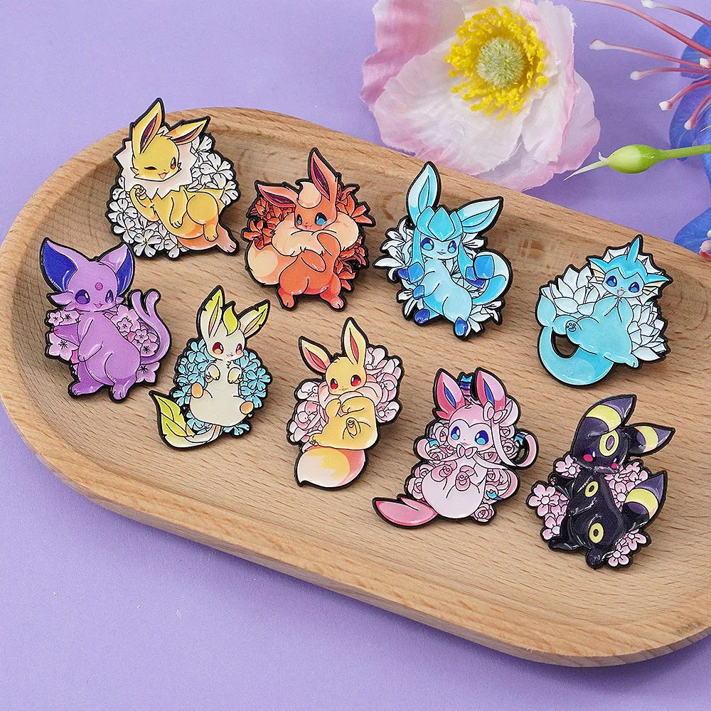 9 Broches Créatives Pokémon Eevee Leafeon, Mignons Badges Métalliques Eevee Flareon Fleur pour Femmes, à Porter sur Sac, Vêtements, Bijoux, Cadeaux