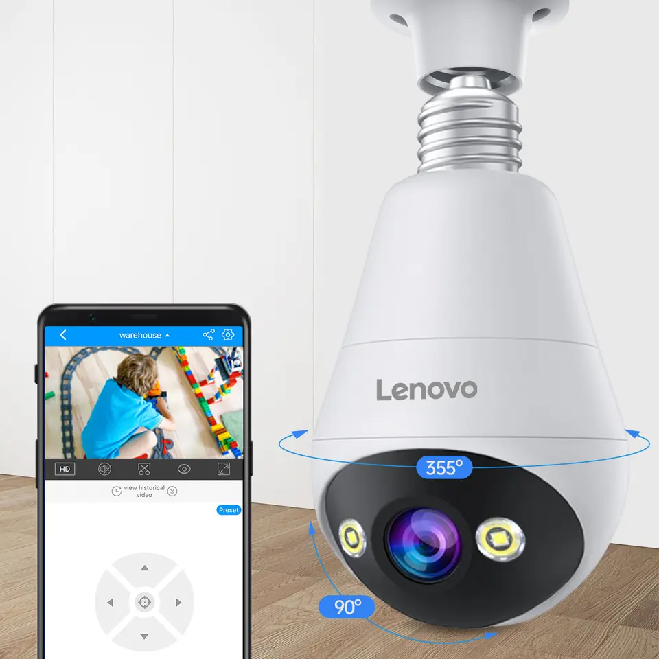 كاميرا أمان Lenovo بتقنية WIFI بدقة 3 ميجابكسل، مصباح E27 برؤية ليلية ملونة، إنتركوم صوتي ثنائي الاتجاه، كاميرا منزلية ذكية لاسلكية - 2