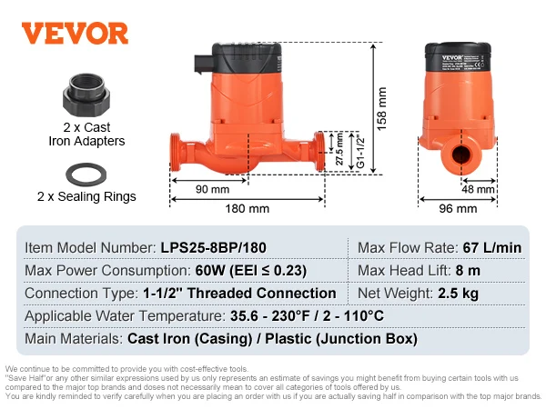 SucceBuy Heetwaterrecirculatiepomp 50/60/67 L/min Hoog rendement automatische pomp 1-1/2 "NPT met schroefdraad voor boilersysteem