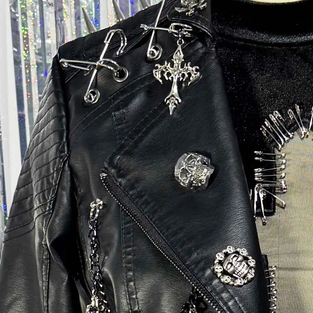 Punk Rock Grunge Pin e-girls chaîne bricolage Y2K cuir végétalien crâne veste manteau fait à la main Harajuku Emo Cross Club porter gothique années 90