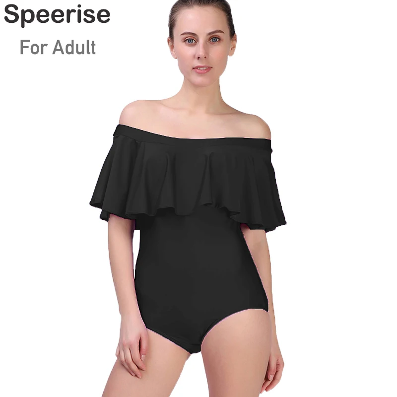 New Women Ballet Dance Leotard Flounce Ruffle One Piece Swimsuits Off The Shoulder Strapless Tummy Control Bathing Suit Bodysuit