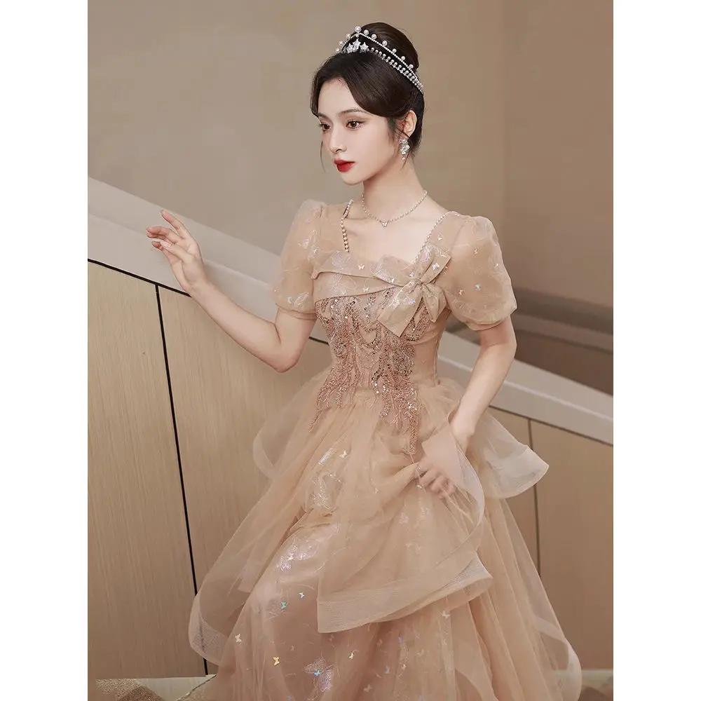 French Square Collar High-end Temperament Evening Gown  Glitter Prom Gown   Long Floor Length Princess Birthday Dresses