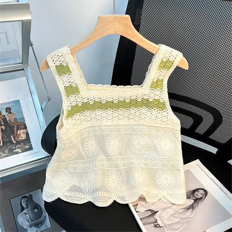 Summer Hollow Embroidery Knitted Camisole Women Sleeveless Irregular Tassel Tank Top