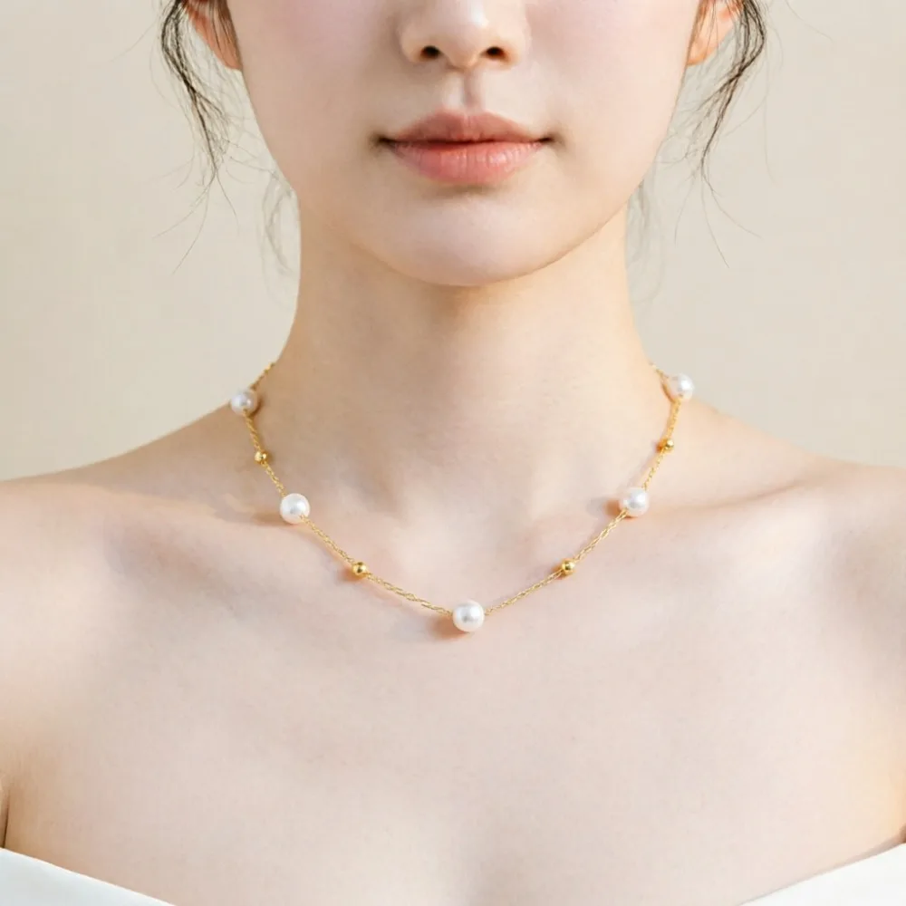 New Simple Pearl Beads Chic Exquisite Necklace for Women Gold Color Thin Chain Minimalist Chokers Fashion Jewelry Accessories