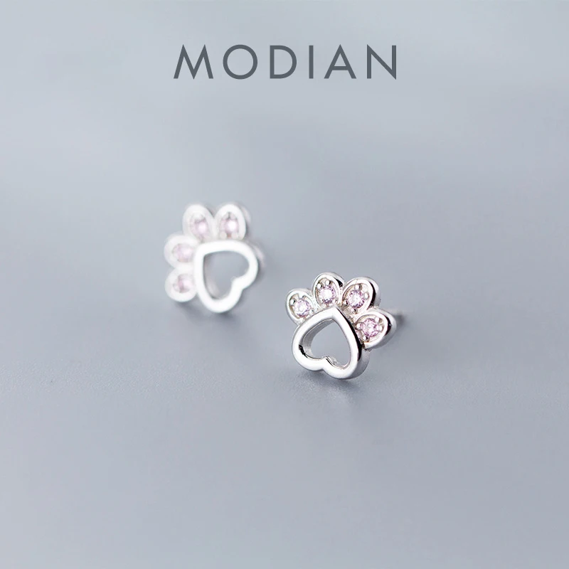 Modian Cute Cat Paw Pattern Stud Earrings for Women And Girl Authentic 925 Sterling Silver Sweet Pink Zircon Fine Silver Jewelry