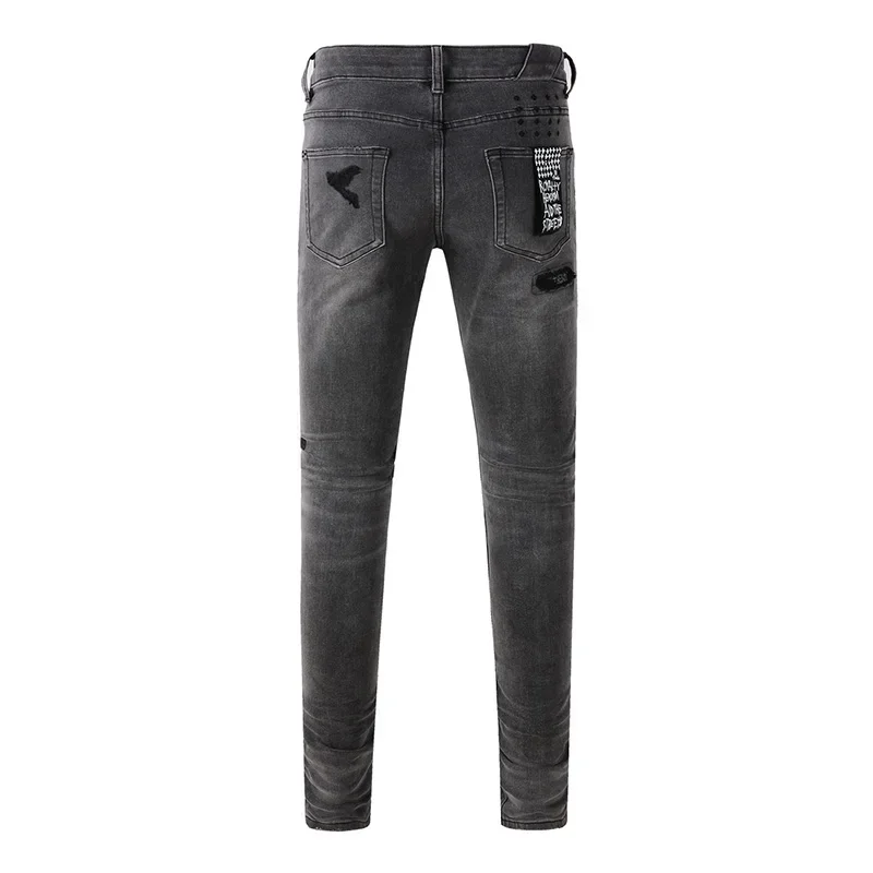 Pantaloni jeans strappati con bottoni di qualità con fori distrutti skinny elasticizzati grigio cenere effetto consumato High Street da uomo