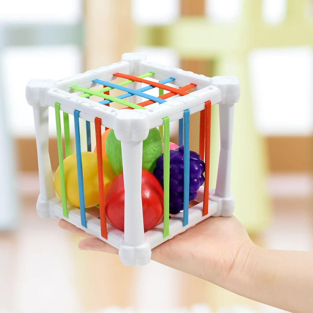 Juguetes sensoriales Montessori para bebés, cubo clasificador de formas, juguetes para bebés con frutas coloridas, actividad, aprendizaje de habilidades motoras finas para niños de 1 año