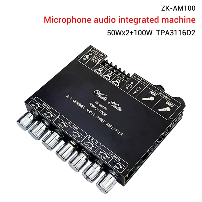 ZK-AM100 Bluetooth Amplifier Board 50Wx2 +100W TPA3116D2 Power Amplifier 2.1 Channel Microphone Audio Module-B