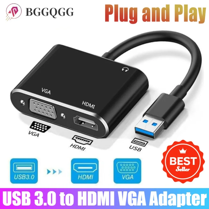 

BGGQGG 2 IN 1 USB 3.0 To HDMI-compatible VGA Adapter 4K HDMI & VGA Splitter Hub for Computer Desktop Laptop PC Monitor Projector