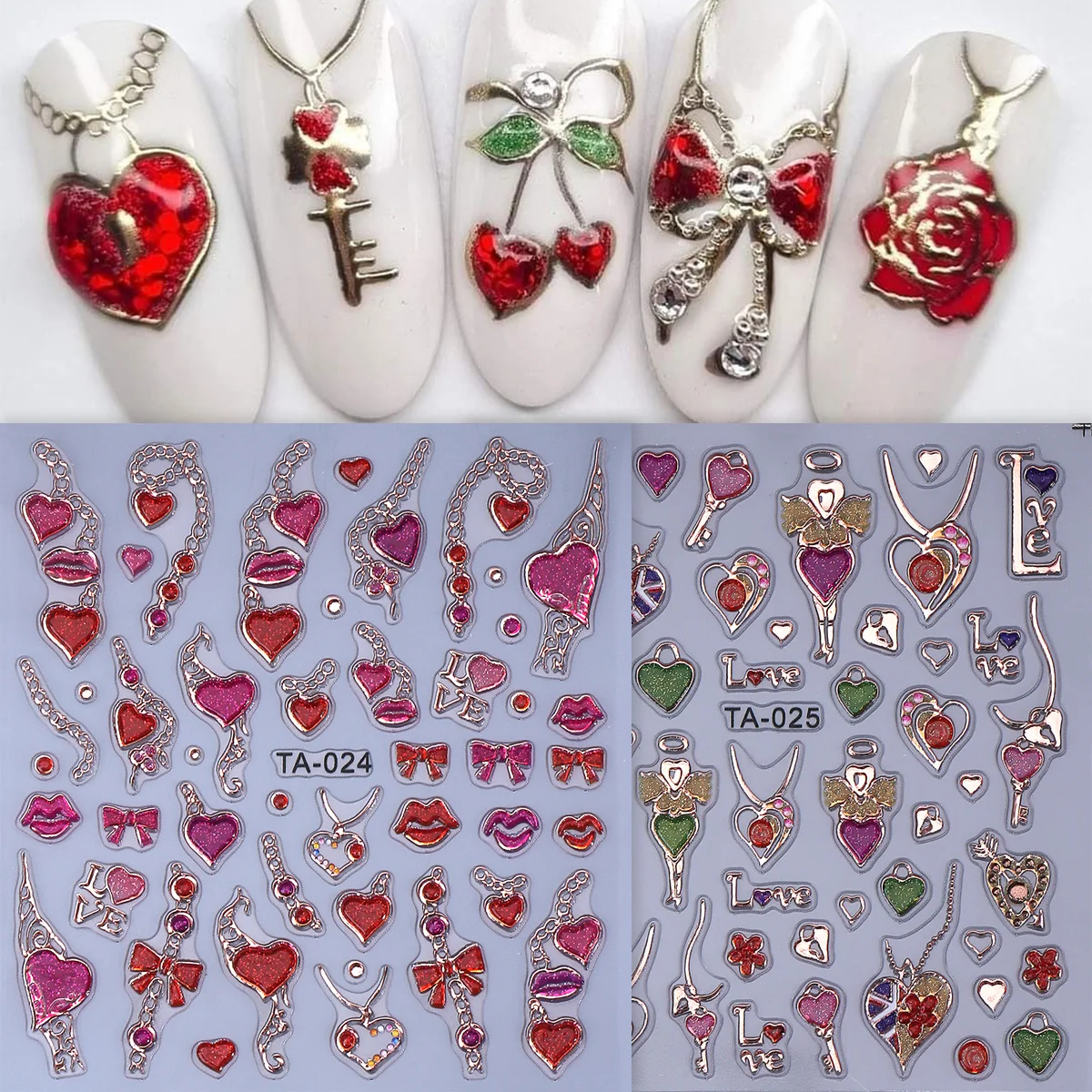 Schimmernde, bronzierende Schlüsselherz-Nagelkunst-Aufkleber, Valentinstagskette, Lippenkuss, Liebesbogen-Design, rosa, rot, glitzernde Aufkleber, Maniküre-Dekoration