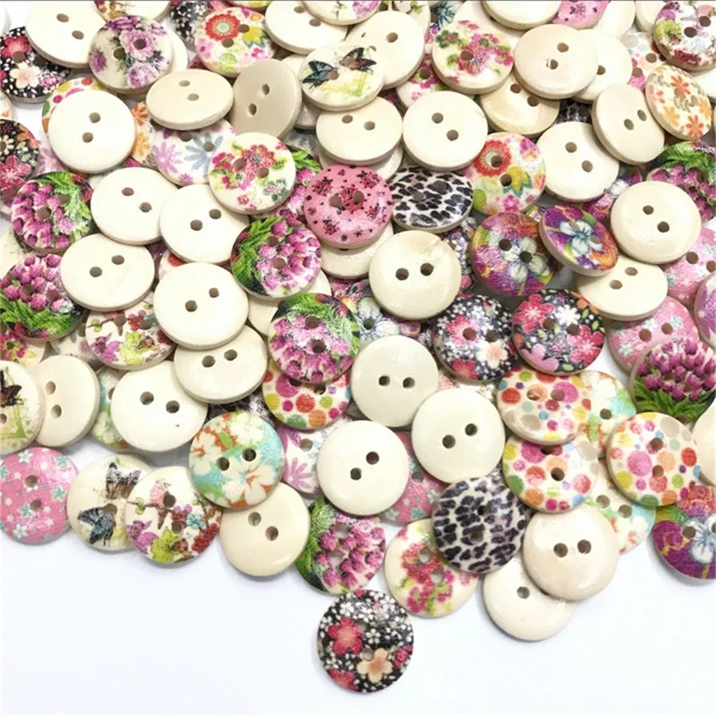 Flower Round Wood Buttons for Clothing Decoration, Sewing Scrapbooking, Embellishments, 2 Hole, 15mm, 50Pcs