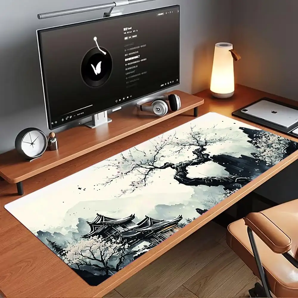 Ink wash style cherry blossom pagoda scenery large mouse pad desk pad rubber anti-slip edge locking office mat pc accessories