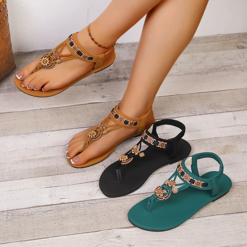 Summer Women Bohemian Beaded Sandals 2026 New Fashion Solid Color Round Toe Clip Toe Female Shoes Casual Comfort Flat Sandals