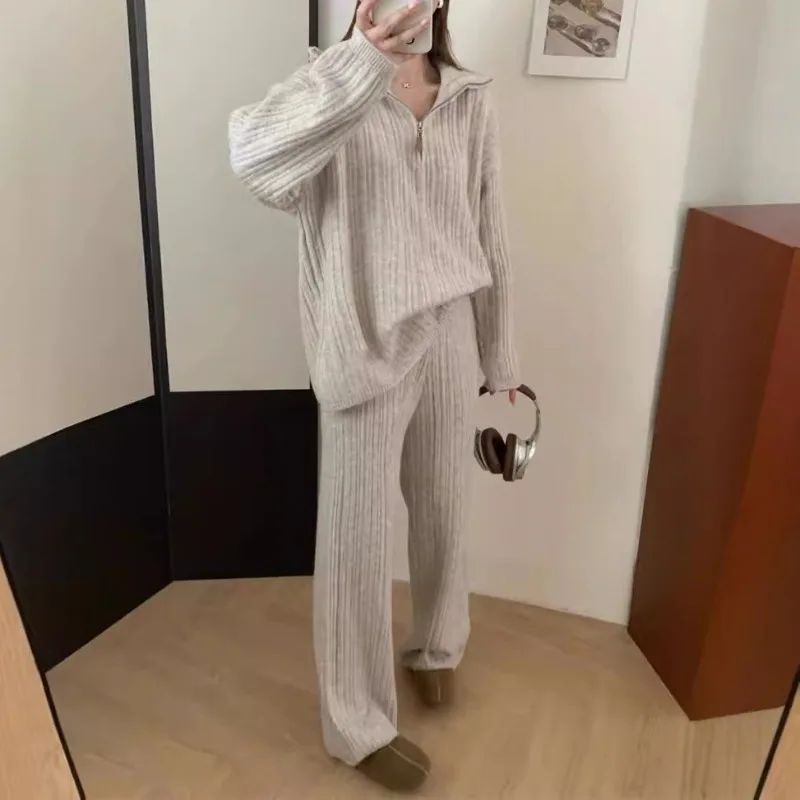 

Casual Loose Half Zipper Collar Solid Long Sleeve Knitted Sweater+Elastic Waist Pants 2-piece Set Women's Winter Suit New Korean