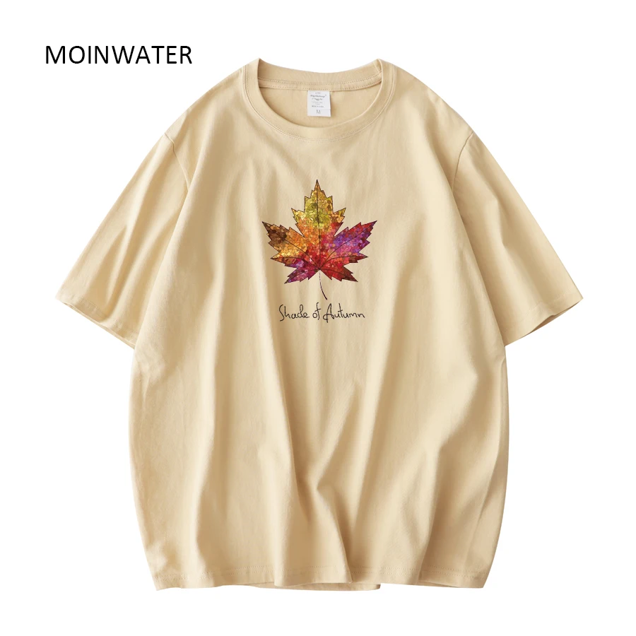 MOINWATER Women New White Summer T shirts Female Soft Cotton Classic Printed Tees Lady Beige Short Sleeve Tops Clothes MT22034