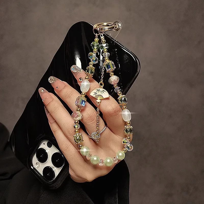 새로운 중국 스타일 합금 태슬 팬 폰 스트랩 수제 비즈 진주 크리스탈 스트랩 손목걸이 키체인 폰 케이스용