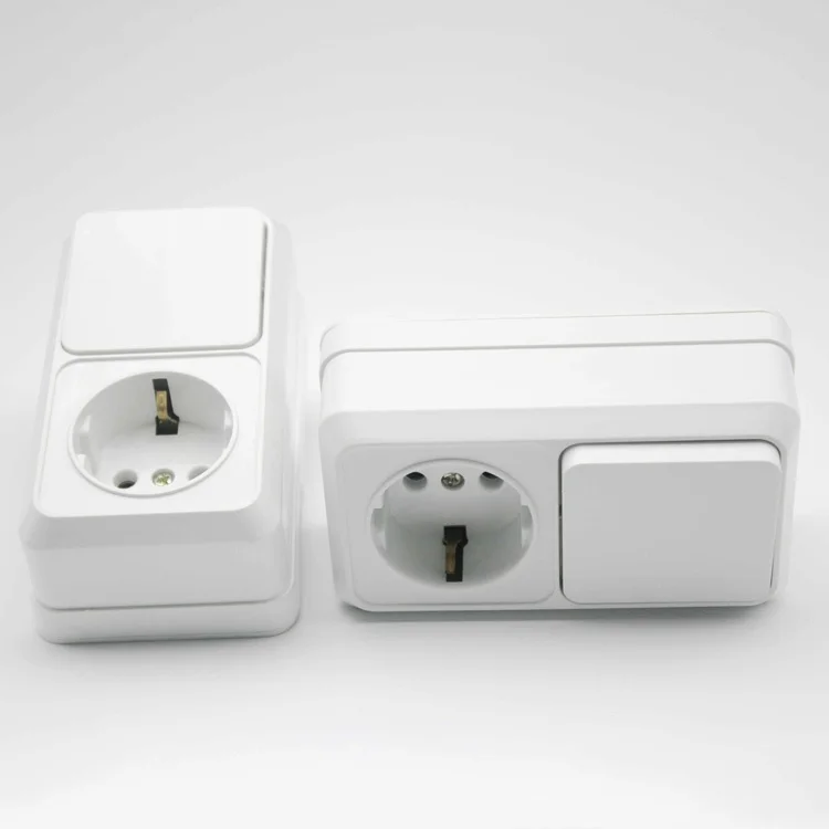 1pcs Horizontal model Surface type Wall Switch with Schuko Socket European Wall Switch + Socket with Grounding