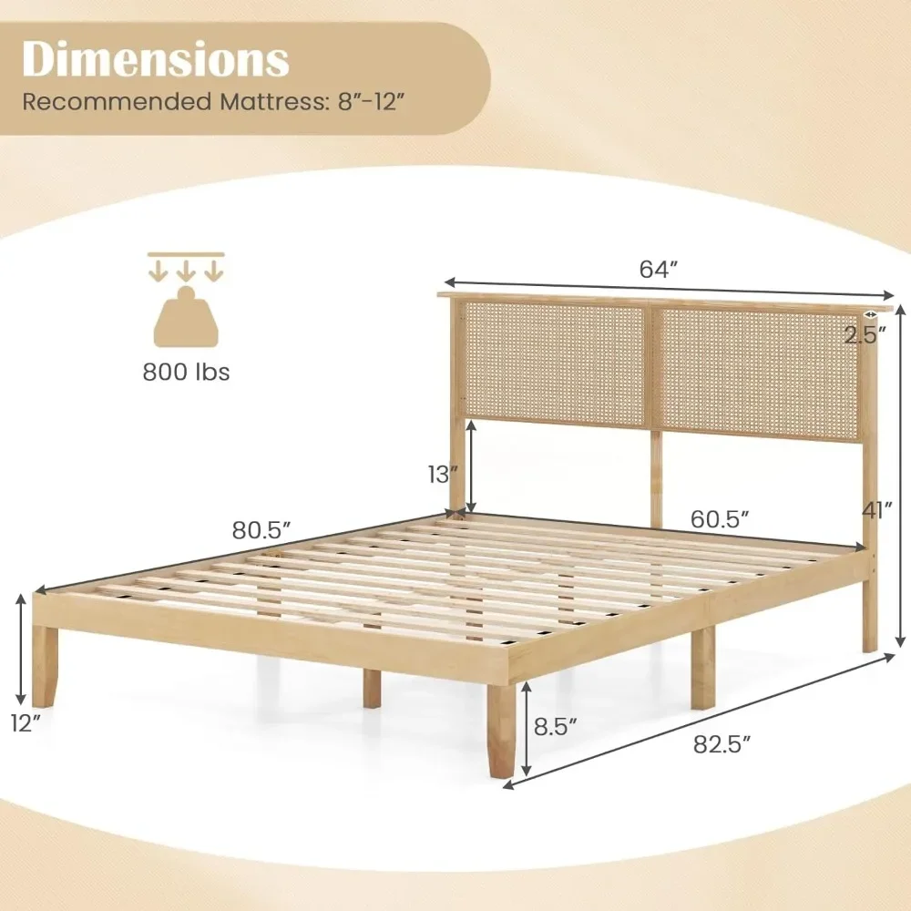 Rattan Bed Frame with Rattan Headboard, Boho Solid Wood Platform Bed with Wooden Slats, 12 Inch Bed Frame