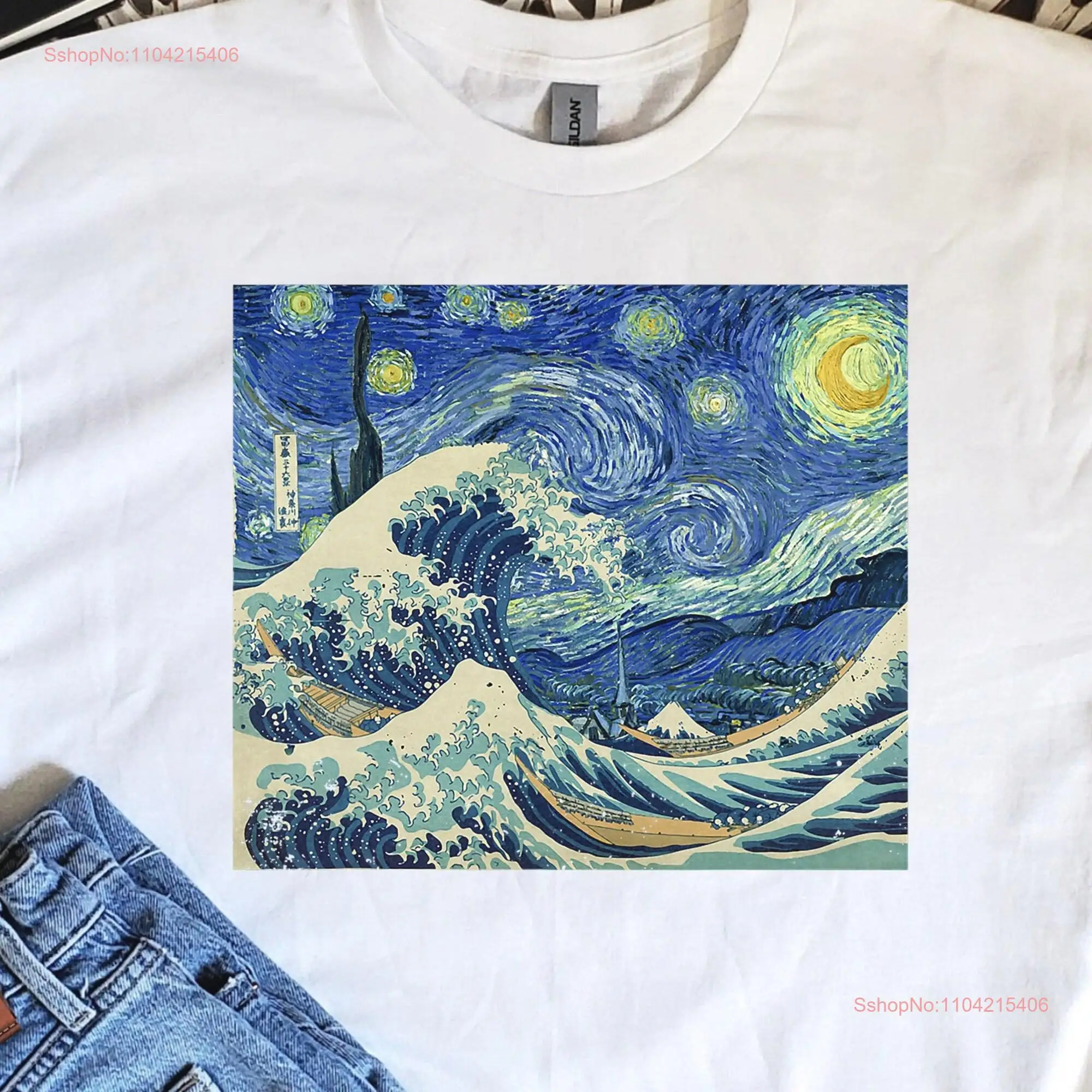 Starry Night The Great Wave off Kanagawa T Shirt Hokusai Japanese Aesthetic Clothing Art Tsunami long or short sleeves