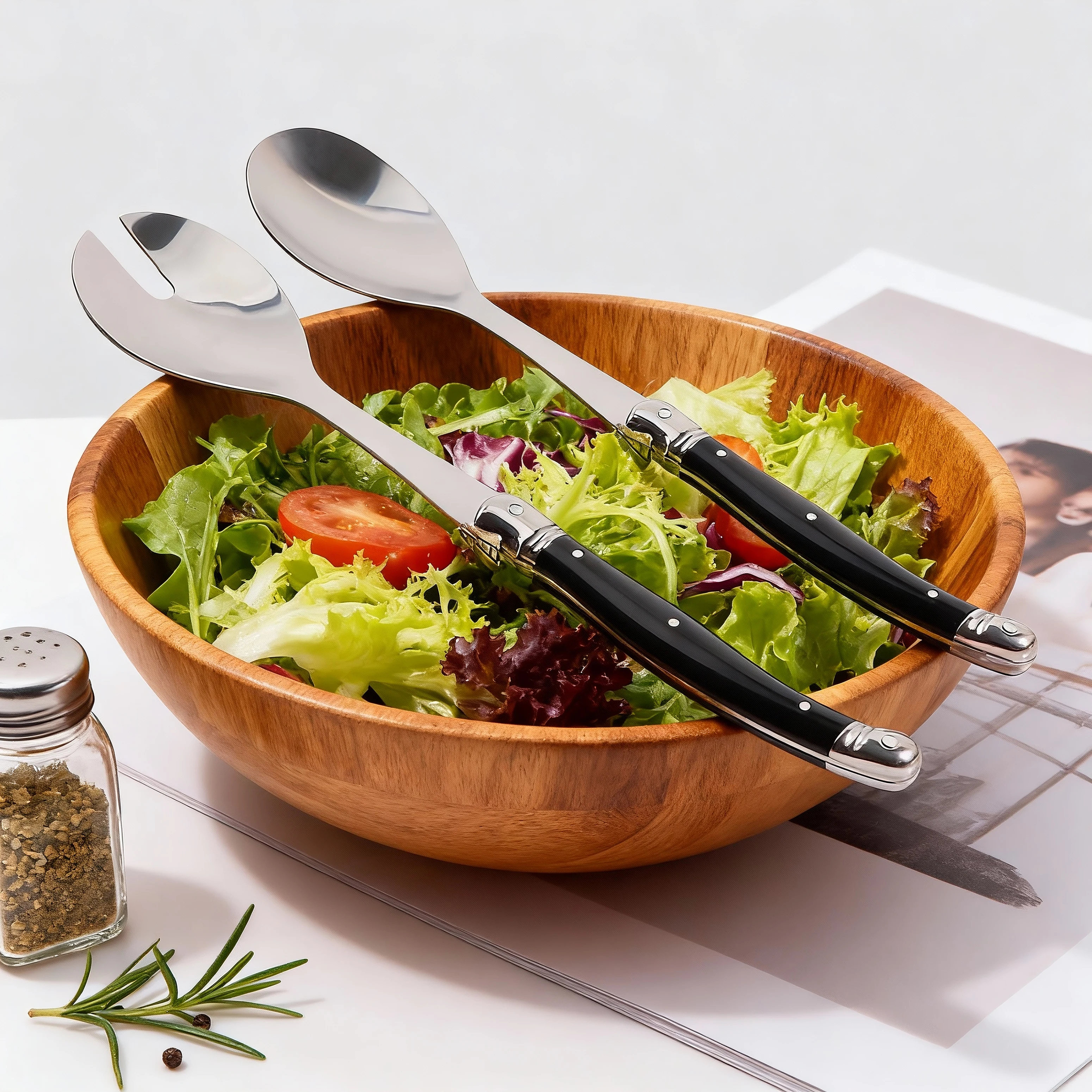Jaswehome Juego de 2 cucharas para ensalada de acero inoxidable estilo Laguiole, cucharas ranuradas negras para mezclar ensalada, utensilios para servir ensalada