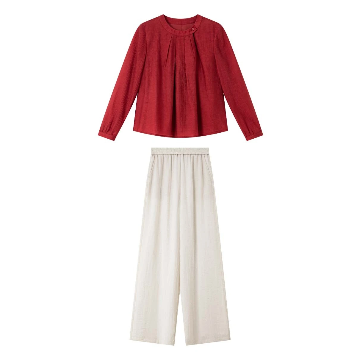 VIMLY Pants Sets Woman 2 Piece Women Casual 2025 Autumn New Lyocell Round Neck Full Sleeve Tops Wide Legs Long Trousers A2878