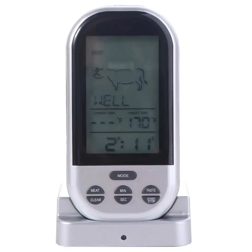 Silver Wireless Digital Meat Thermometer Remote Temperature Control with Timer Alarm Temperature Sensor with Probe