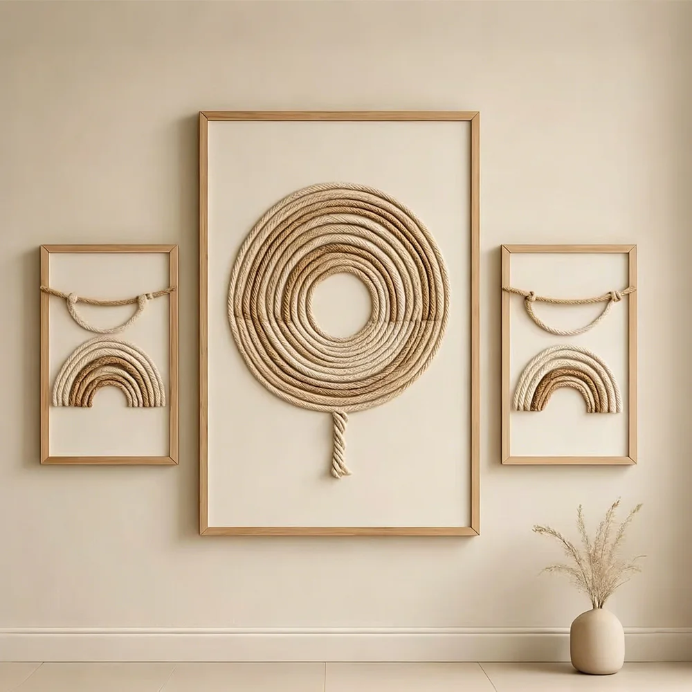 pp#Factory Direct Textural Organic Handwoven Natural Tone Rope Macrame Framed Wall Art for Resort and Wabi Sabi Hotel Projects%