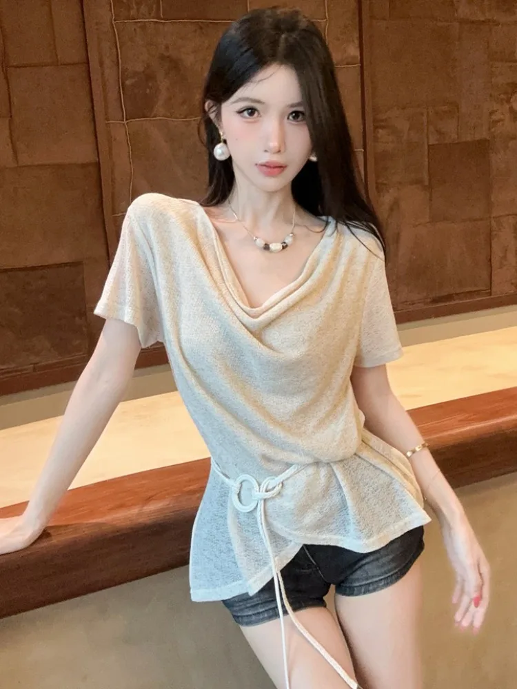 

Summer New Women's T-shirt Belted Waist Design Short Sleeve Knot Neck Unusual Belly Covering Versatile Top Korean Style Citywalk