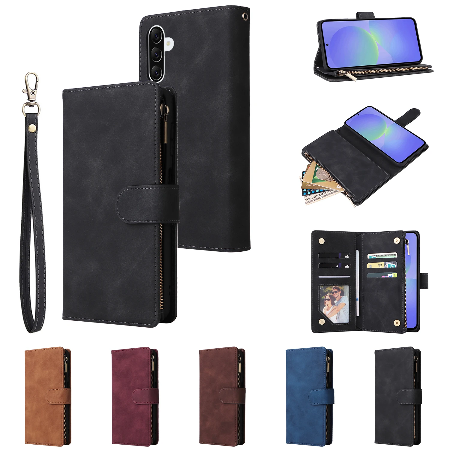 Brieftasche mit mehreren Kartenfächern, Reißverschluss, Ständer, hochwertige magnetische Flip-Lederhülle für Samsung Galaxy A27 A37 A57, stoßfeste Abdeckung