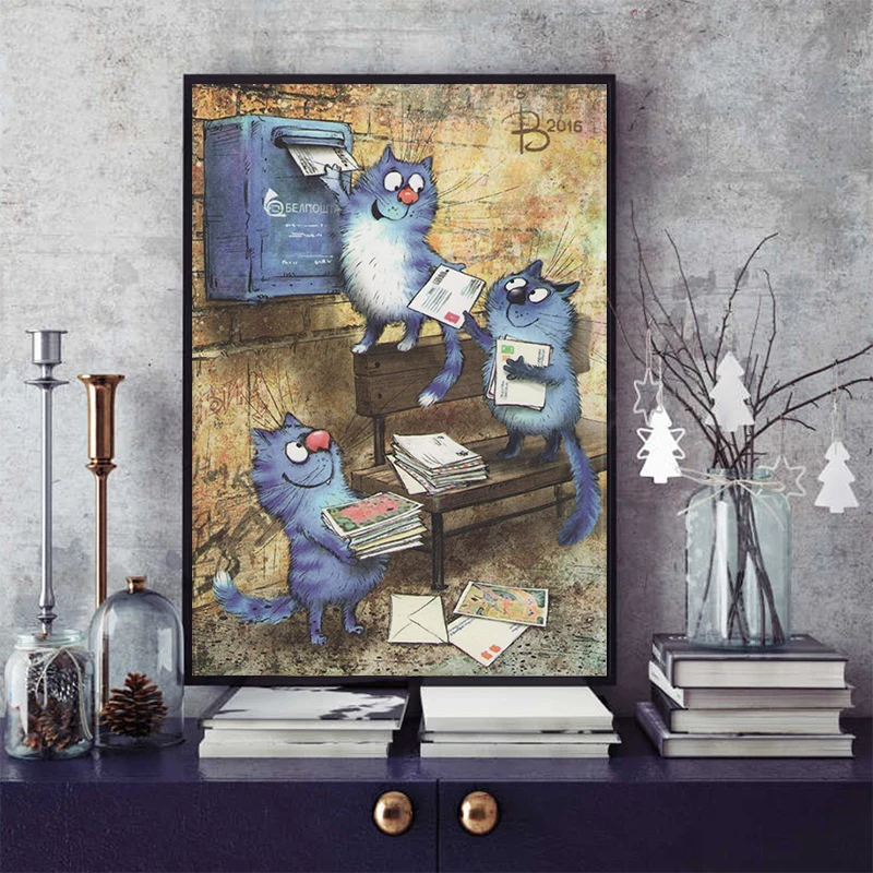 cross language Cartoon blue cat Painting by numbers Stamping paint home decor canvas painting Supernatural Gift pictures