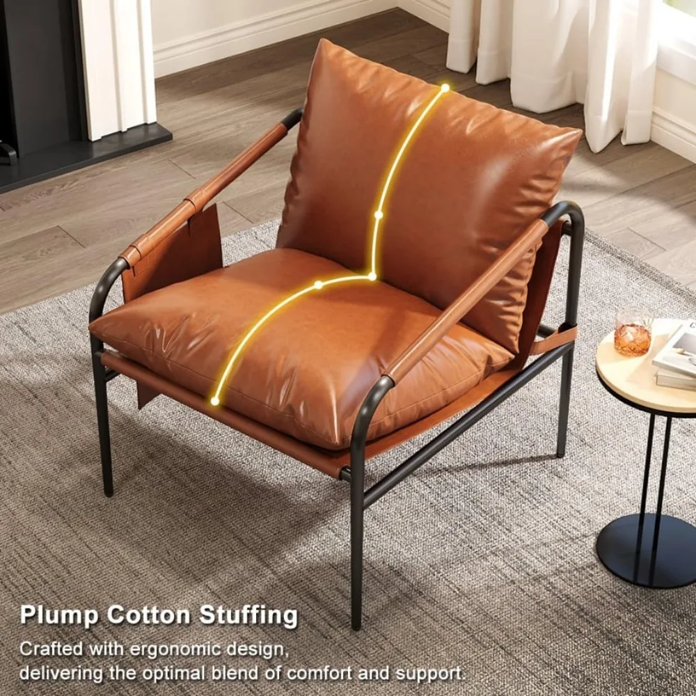 كرسي جلدي لغرفة المعيشة بإطار معدني وأذرع مبطنة وجيوب جانبية وحشو قطن حبيبي - Op باللونين الأسود والبني #6