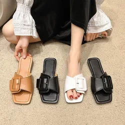 Square Toe Flat Slippers Fashion Belt Buckle Summer Women Shoes Casual Beach Modern Slipper Comfortable Luxury Leather Sandals