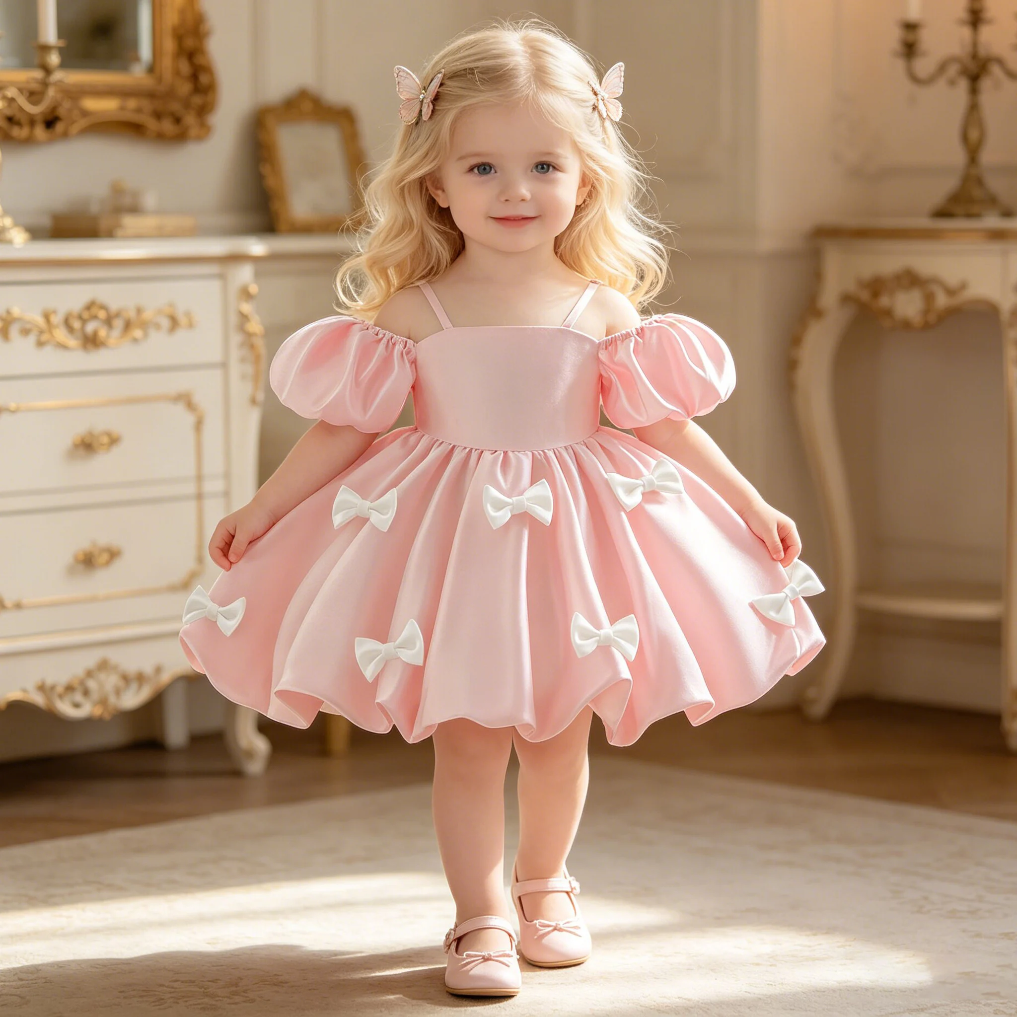 Kleinkind Schleifenkleid für Mädchen Elegantes Taufkleid 1. Geburtstag Hochzeit Prinzessin Ballkleid Mädchen Auftrittskleid Brautjungfernkleid