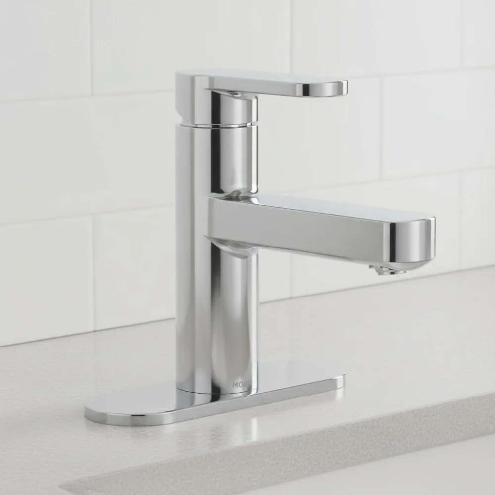 

Modern Chrome Single Handle Bathroom Sink Faucet with Deckplate & Drain Assembly for Home Renovation