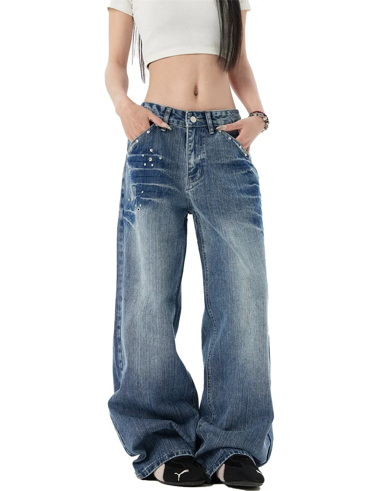 American Vintage Small Batch Studded Textured Jeans Women Distressed Washed Straight Leg Trousers Casual Streetwear Denim