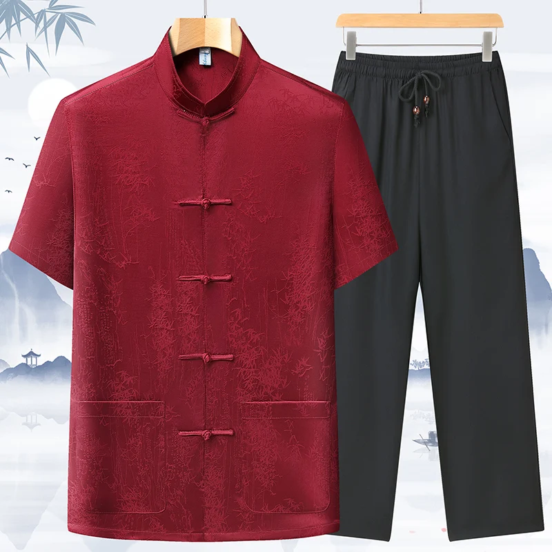 夏用シルク半袖セット-中年および高齢男性用-スタンドカラー-お父さん服-中国風漢服-おじいちゃん夏服