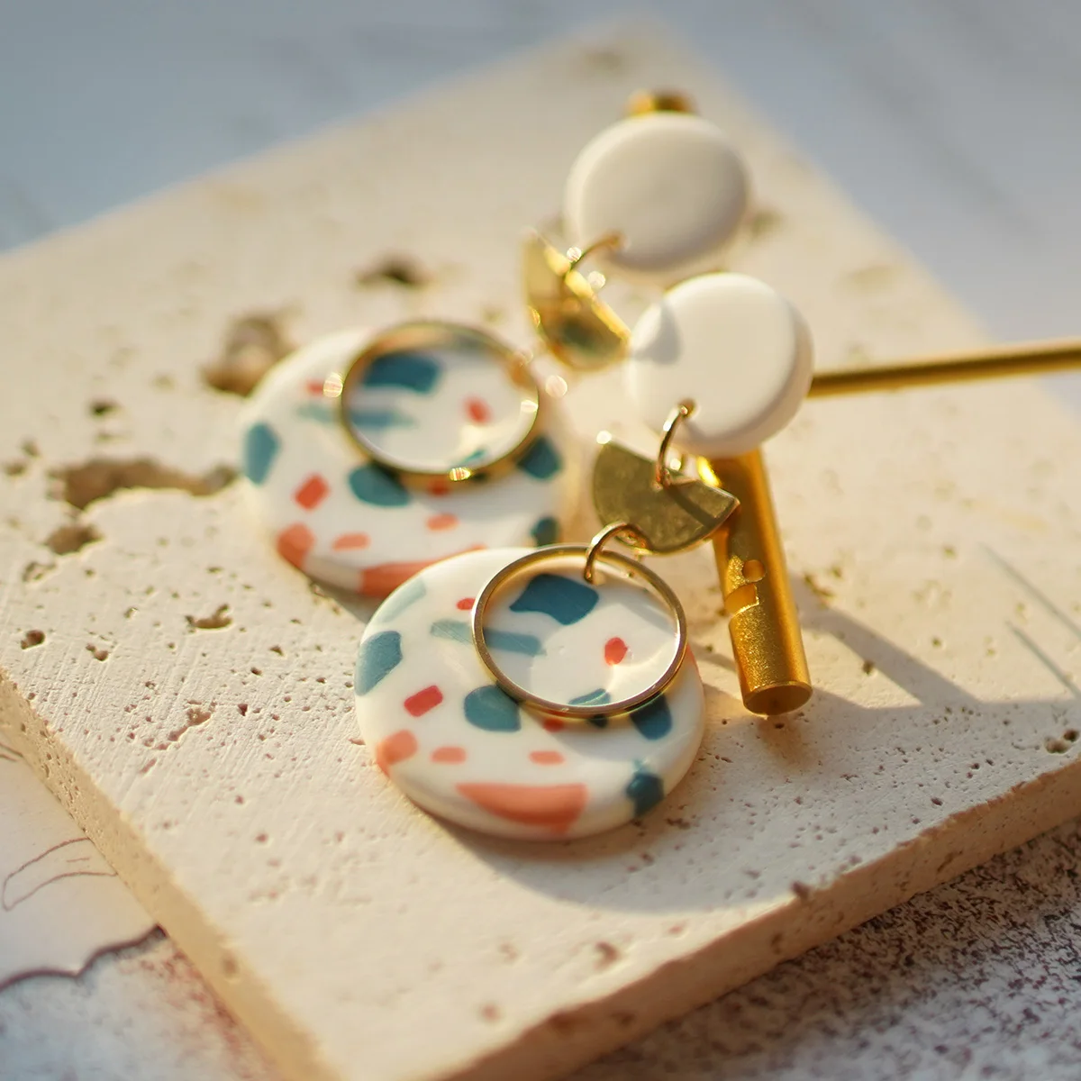 Multi-Color Polymer Clay round Disc Earrings with Trendy Metal Chip Rings Dangle Dots for Women Fashionable Daily Party Accessor