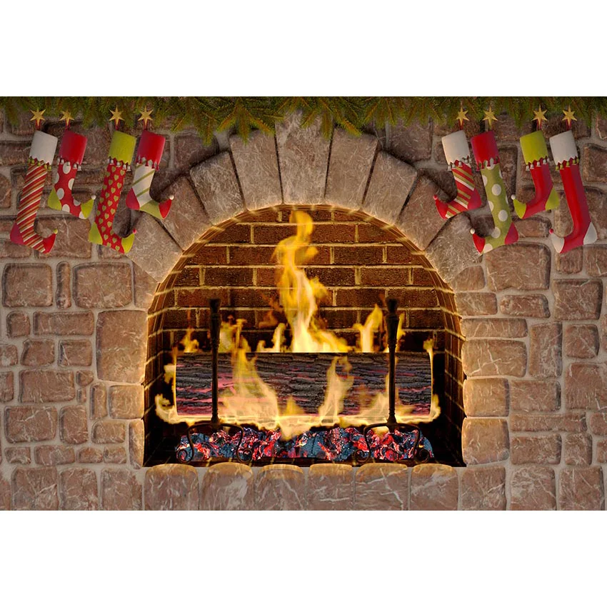 Avezano Christmas Fireplace Firewood Burning Brick Wallpaper Decoration Backdrop Photo Background Custom Photography Studio