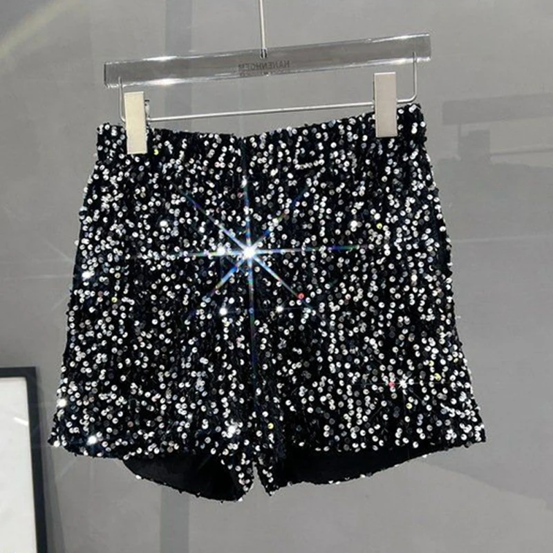 Damen Pailletten-Shorts mit elastischem Bund, glitzernde Hose, schmale Passform, lässige Hose, Nachtclub, Halloween, Festival, Party, Bühnenshow, Y2K-Shorts – Detail 3